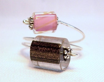 Adjustable Sterling Silver Ring with Pink & Brown Furnace Art Glass