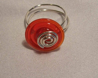 Red spiral lampwork glass and silver wire wrapped  ring  size 9 1/2