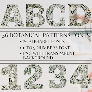 Pacote de 36 fontes de padrão botânico | Conjunto de fontes decorativas com tema de natureza para artesanato DIY Pacote de fontes de fonte floral PNG Projetos DIY