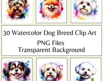 Watercolor Dog Breed Clipart Bundle: 30 Pet Illustrations (PNG Digital Download)