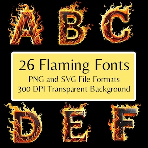 26 Flaming Fonts PNG en SVG Fire Teksteffectenbundel Bewerkbare Flame Typografie Digitaal lettertypepakket voor logo's T-shirts, posters Scrapbooking