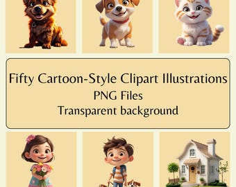 Cartoon Clipart PNG Bundle, Fun Graphics for Kids (Digital Download)
