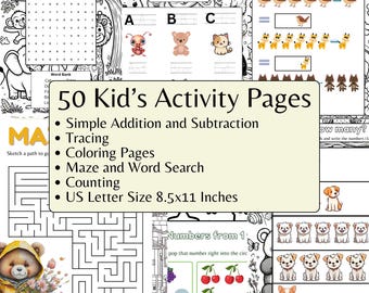 50 Kids Activity Pages: Printable Coloring, Puzzles, Mazes (Digital PDF Download)