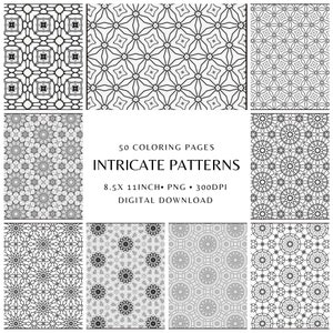 May include: A set of 50 intricate black and white coloring pages featuring geometric patterns. The pages are 8.5 x 11 inches and 300 DPI. Digital download.
