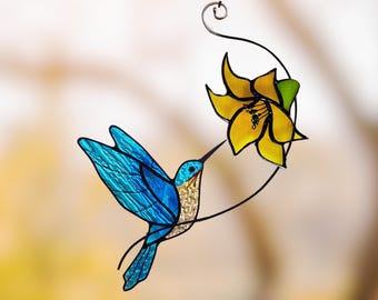 Stained Glass Hummingbird Suncatcher, Stained Glass, Mothers Day Gift, Hummingbird Suncatcher, Hummingbird Stained Glass Window Hanging Gift