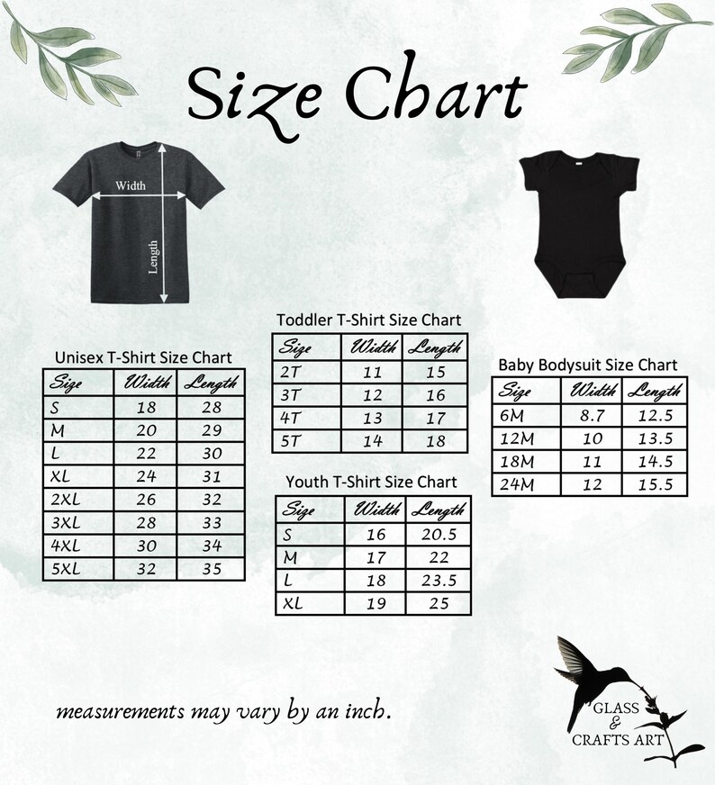 Puede incluir: Una tabla de tallas con medidas para camisetas unisex, camisetas para ni&ntilde;os peque&ntilde;os, camisetas juveniles y bodies para beb&eacute;s. La tabla incluye medidas de ancho y largo en cm para varias tallas. El texto "Size Chart" est&aacute; en la parte superior.