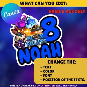 Bloxfruit Birthday Cake Topper: Editable Canva Template (Digital Download) image 2