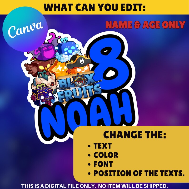 Bloxfruit Birthday Cake Topper: Editable Canva Template (Digital Download) image 2