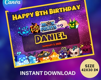 Canva Editable Blox Fruit Digital Birthday Banner, Pirate Game Fruit Banner, Printable, DIY Birthday Banner, Game Fruits Ninja Theme