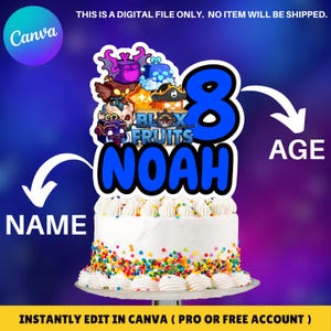 May include: A blue and white cake topper with a number 8, the name Noah, and the words "Blox Fruits". The topper is decorated with cartoon characters from the video game Blox Fruits. The cake topper is on a white cake with colorful sprinkles.