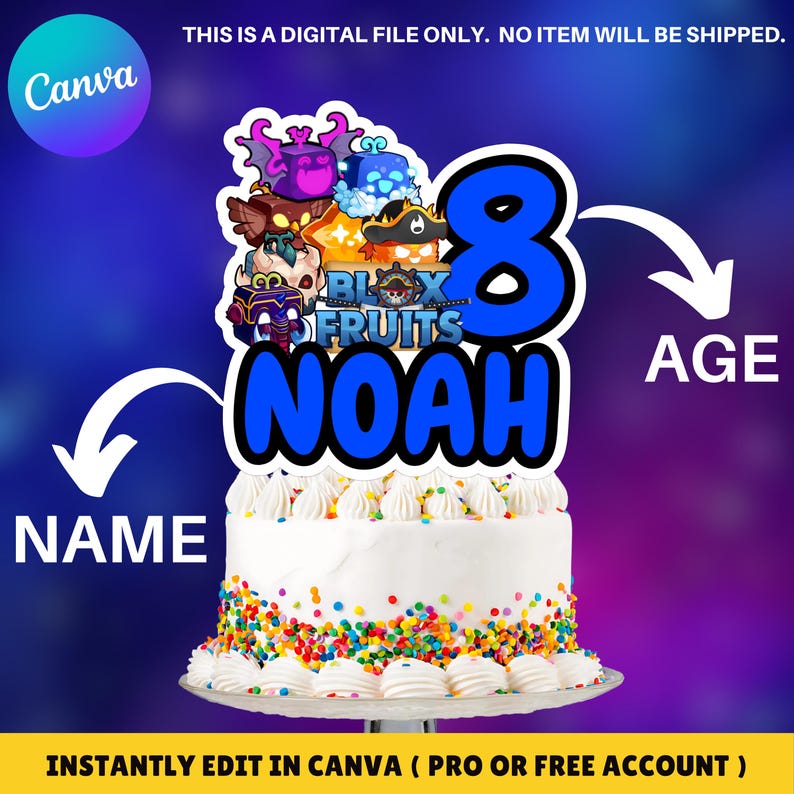 May include: A blue and white cake topper with a number 8, the name Noah, and the words "Blox Fruits". The topper is decorated with cartoon characters from the video game Blox Fruits. The cake topper is on a white cake with colorful sprinkles.