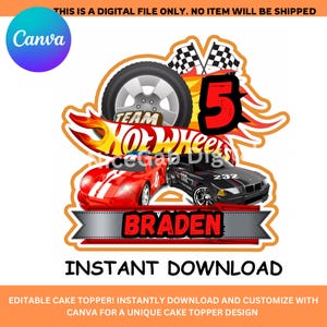 Pode incluir: Um topper de bolo imprimível com um design temático Hot Wheels em vermelho, preto e prata. O topper inclui um carro de corrida vermelho, um carro de corrida preto, um pneu, uma bandeira xadrez e o número 5. O texto "TEAM HOT WHEELS" e "BRADEN" também estão incluídos.