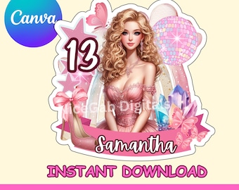 Princess Birthday Cake Topper: Teen Party Decor (Canva Digital File)| printable cake tag
