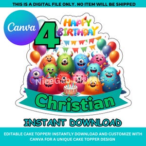 Cute Monsters Editable Cake Topper | editable Birthday Decor |Instant Download cake topper | DIY Digital Toppers | PNG Canva File Topper