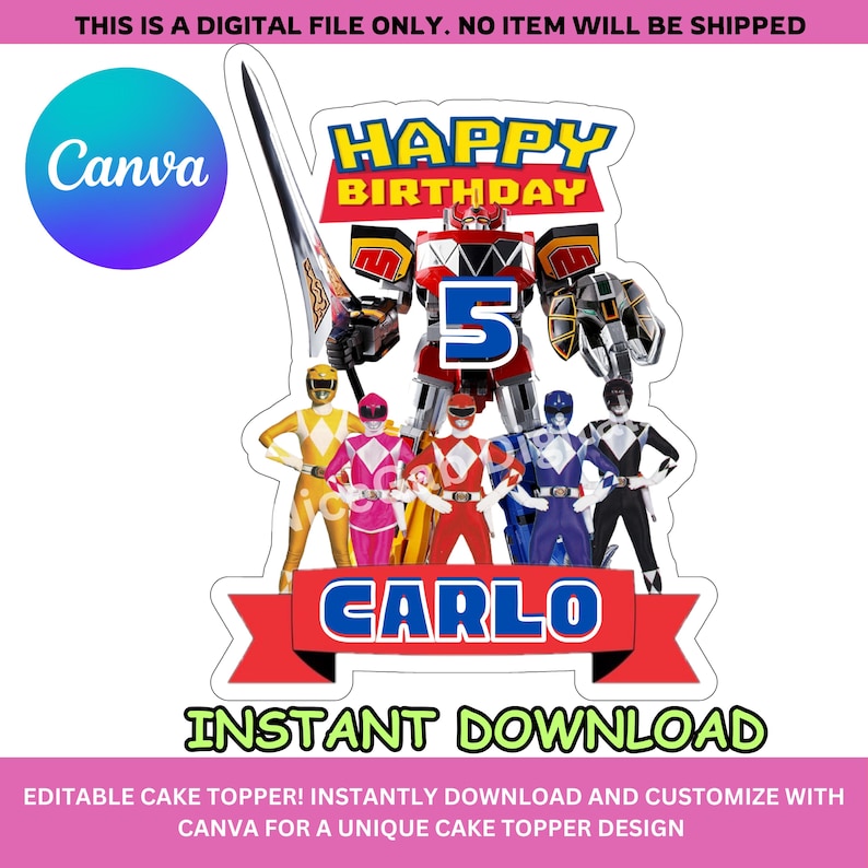 Topper Power Renger Editable Power Rangers Birthday Cake Topper (digital Download) - Etsy