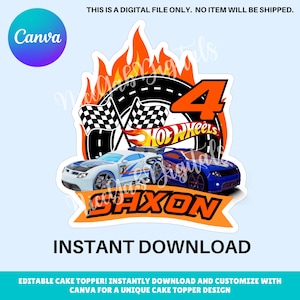Adorno para tarta de Hot Wheels editable: Tema de coche imprimible (descarga instantánea)