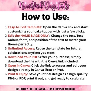 May include: A pink and white graphic with the text "Nice Gab Digitals" and "How to Use:" followed by instructions for editing a cake topper template in Canva. The instructions include editing the name and age, and printing the design.