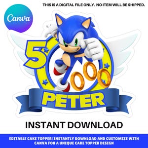 Sonic Blue Speed Hero Cake Topper | Canva bearbeitbare Vorlage | Sofortiger Download Birthday Topper