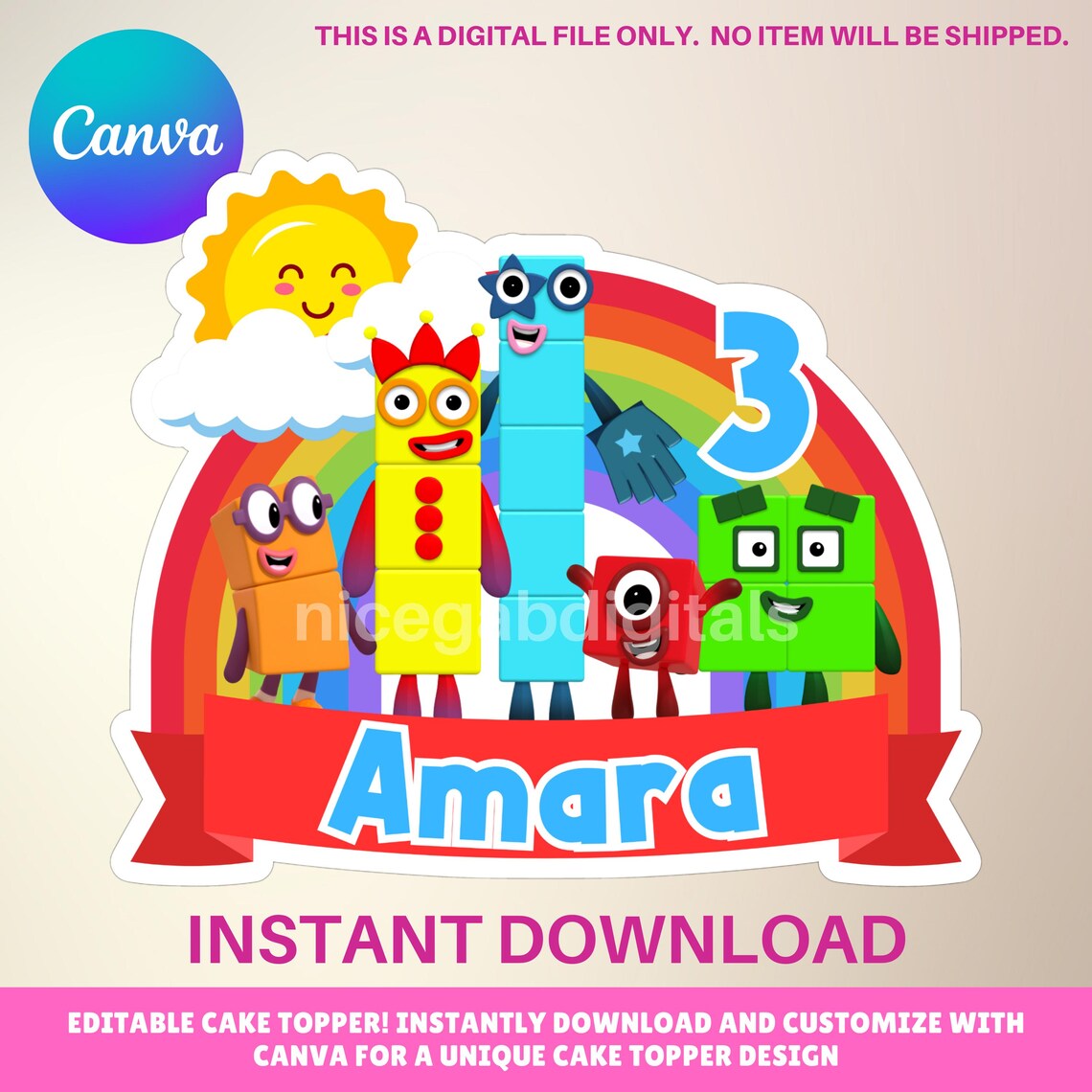 Numberblocks Birthday Cake Topper: Canva Editable Template (digital ...