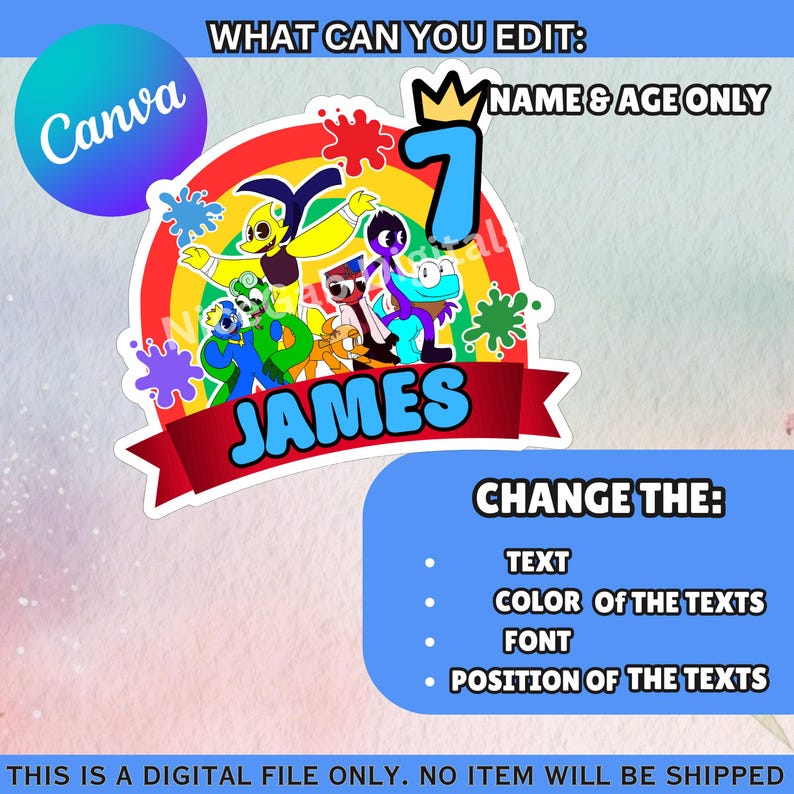 Canva Editable Name and Age Rainbow Friends Digital Cake Topper Instant ...