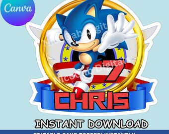 Sonic Blue Speed Hero Cake Topper | Canva Editable Template | Instant Download Birthday Topper | Edit Name and Age cake topper