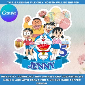 Puede incluir: Un adorno digital para pastel con personajes de dibujos animados, globos y el texto "HAPPY BIRTHDAY JENNY 5". El diseño incluye una pancarta azul con el nombre "JENNY". El logotipo de Canva es visible en la esquina superior izquierda. El texto "THIS IS A DIGITAL FILE ONLY. NO ITEM WILL BE SHIPPED" está en la parte superior.