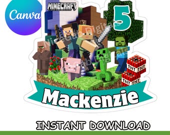 Minecrafter Gamer Birthday Cake Topper | Editable Canva Template (Digital Download)