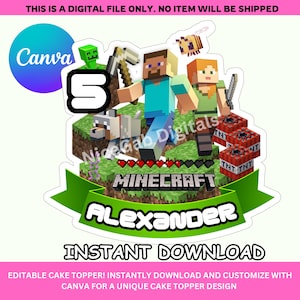 Minecrafter Gamer Cake Topper | Editable Canva Template | Digital Instant Download | Printable Birthday Topper | DIY Party Decor