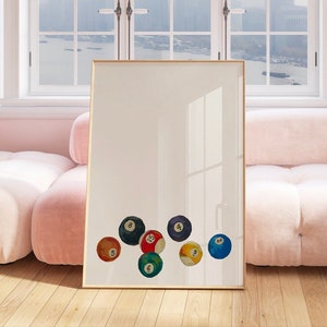 Hand-Painted Pool Ball Wall Art | Trendy 8 Ball Cool Girl Room Decor | Lucky 7 Poster | Retro Vintage Masculine Wall Art, Game Room, Home
