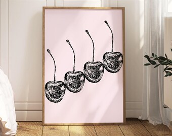 Hand-Drawn Cherries Wall Art Printable Digital Download Print Downloadable Cool Trendy Aesthetic Dorm Decor Apartment Teen Girl Room Retro