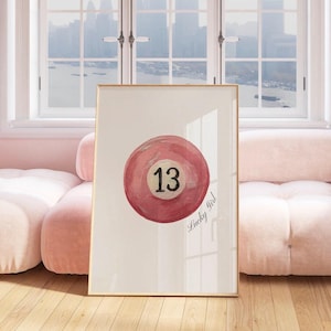 13 Pink Pool Ball Retro Print Retro Hand-Painted Wall Art, Lucky Girl Trendy Dorm Decor, 8 Ball Poster Wall Art Print, Aesthetic Teen Girl