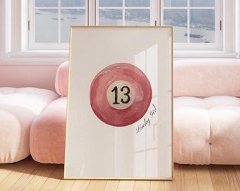 13 Pink Pool Ball Retro Print Retro Hand-Painted Wall Art, Lucky Girl Trendy Dorm Decor, 8 Ball Poster Wall Art Print, Aesthetic Teen Girl