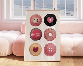 Trendy Retro Circle Collage Print, Pink Wall Art, 8 Ball Poster, Lucky 7 Ball Print, Funky Aesthetic Print for Apartment | Instant Download