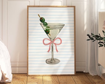Hand Painted Martini Wall Art | Bar Cart Digital Download, Print, Coquette Martini Poster, Bow Cocktail Print Retro Trendy Dorm Kitchen Home