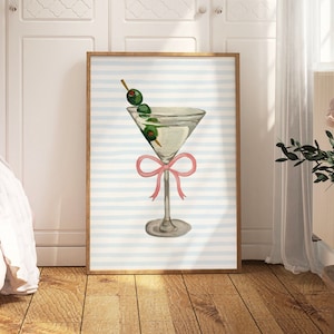 Handgeschilderde martini-muurkunst | Barwagen digitale download, print, coquette martini poster, strik cocktail print retro trendy slaapzaal keuken Home