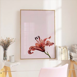 Art mural lis tigré peint à la main | Fleur en téléchargement numérique, impression, affiche rose simple, impression d'été girly rétro tendance dortoir cuisine maison