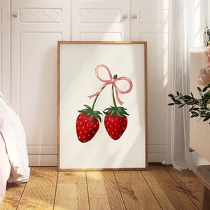 Hand Painted Coquette Strawberries Wall Art | Trendy Strawberry and Bow Room Decor Print | Simple Girly Poster, Preppy Teen Dorm Home Decor