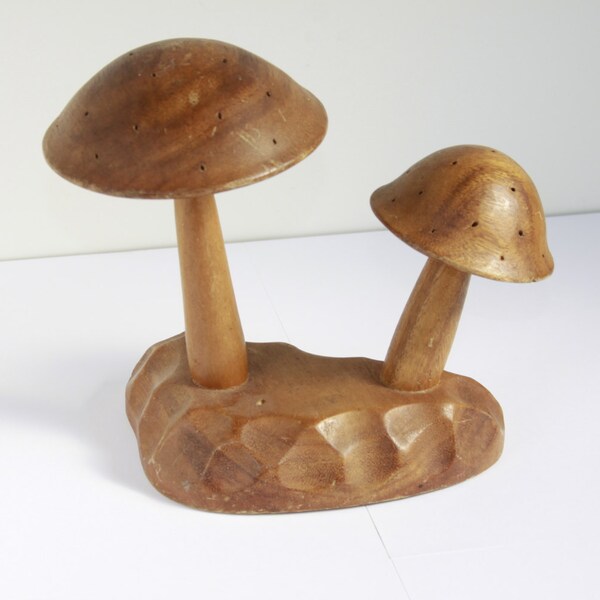 Wood Carved Mushrooms, Mid Century Carved Mushrooms, Vintage Carved Monkey Pod Wood Mushroom,