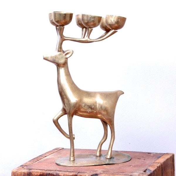 Mid Century Brass Reindeer, Vintage Brass Votive Candle holder, holiday decor,