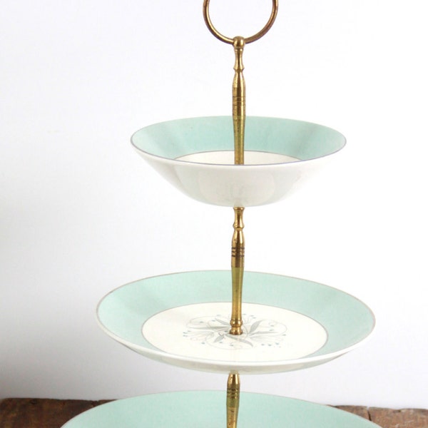 Vintage 3 tier serving dish minty green & soft grey swirl retro design, Cake plate, 3 tier cake stand, retro cookie plate