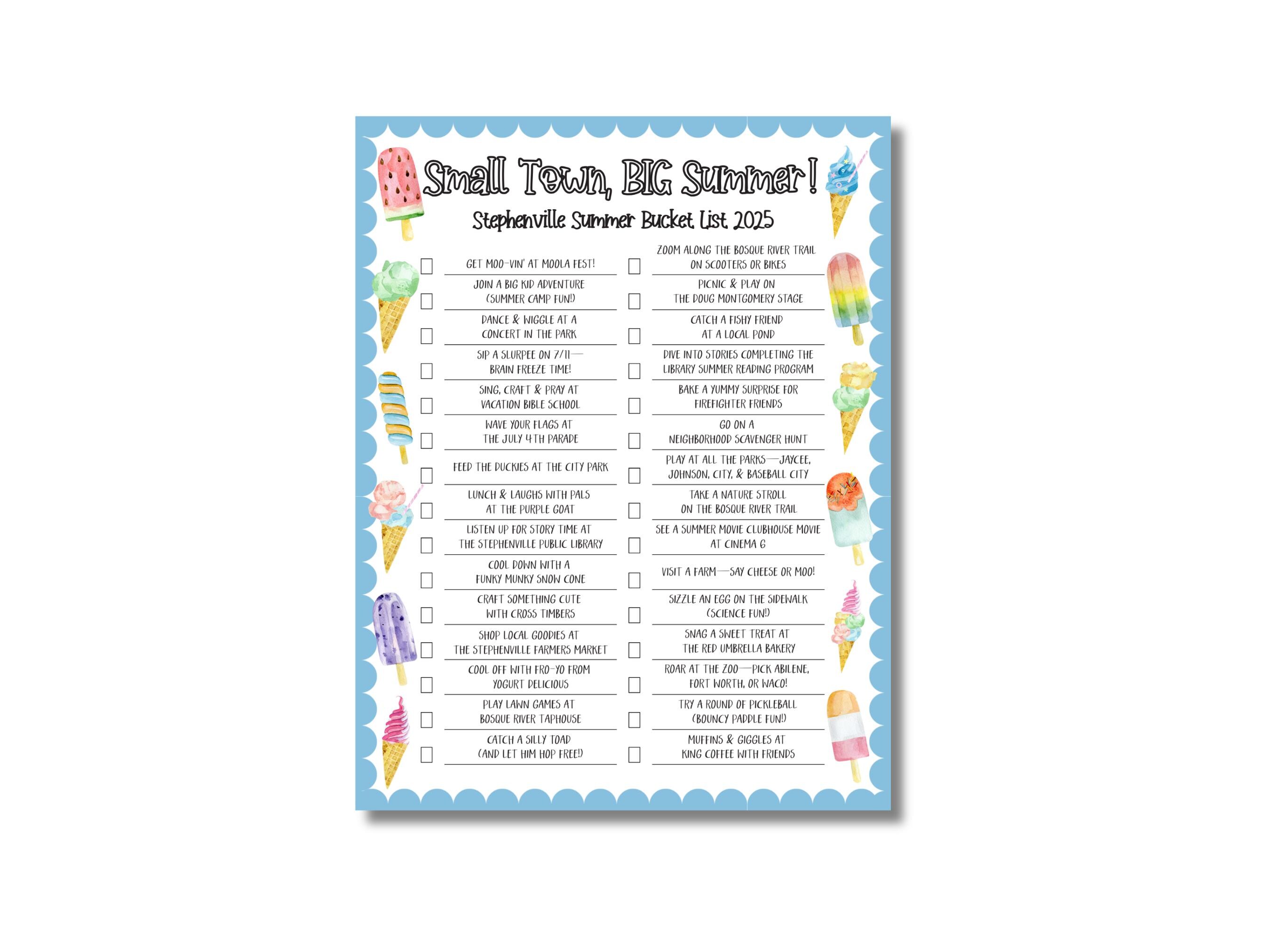 Stephenville Summer Bucket List Kids 2025 | Local Summer Activities Printable | Fun Things to Do in Stephenville TX | Instant Download PDF
