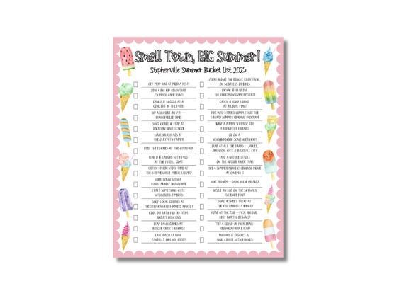 Stephenville Summer Bucket List Kids 2025 | Local Summer Activities Printable | Fun Things to Do in Stephenville TX | Instant Download PDF