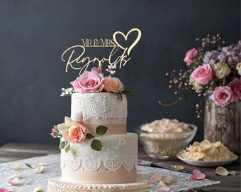 Wedding Cake Custom Topper, Personalized Wedding Cake Topper with Heart, Rustic Wedding Cake Topper,  Last Name Cake Topper