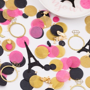 Despedida de soltera con temática de París, brunch y champán, confeti con anillos de diamantes, decoraciones para despedidas de soltera con temática de París, confeti de la Torre Eiffel