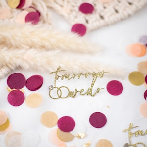 Decorazioni per la cena di prova, coriandoli, prova di matrimonio, domani lo facciamo, un giorno lontano, decorazioni per il tavolo della cena di prova