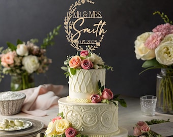 May include: A gold-toned cake topper featuring a circular floral wreath design with the text MR & MRS, the name Smith, and the date 10.15.2025. The topper is positioned on top of a two-tiered white cake decorated with fresh pink and white roses.