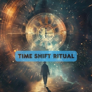 Puede incluir: Imagen digital artística con una gran esfera de reloj con números romanos, sobre un fondo de luz y estrellas arremolinadas. El texto "TIME SHIFT RITUAL" se muestra en una pancarta azul. Una silueta camina hacia el reloj.