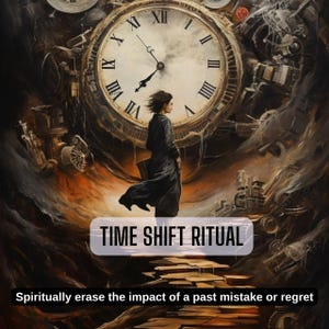 Może przedstawiać: Surrealistyczny obraz przedstawiający osobę stojącą na ścieżce prowadzącej do dużej tarczy zegara. Tarcza zegara jest otoczona kołami zębatymi i innymi elementami mechanicznymi. Tekst "TIME SHIFT RITUAL" jest napisany na banerze pod zegarem. Tekst "Spirtualnie wymazać wpływ przeszłego błędu lub żalu" jest napisany pod banerem.