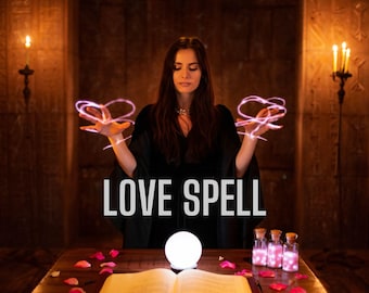 May include: A woman in a black dress performs a love spell in a dimly lit room. She holds her hands out, creating glowing pink hearts. A crystal ball sits on an open book on a wooden table with rose petals scattered around it. There are also several small bottles with glowing pink liquid on the table.