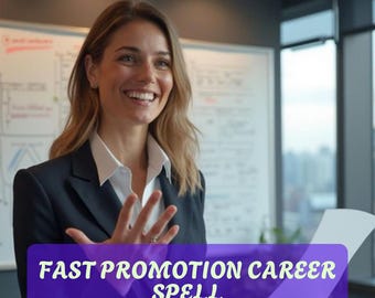 May include: A woman in a blue blazer smiles and gestures while holding a document. The text on the document reads "Fast Promotion Career Spell".